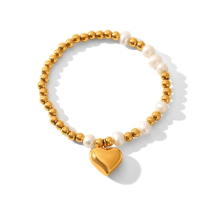 Bracelet élégant en acier inoxydable doré 18k avec perles et pendentif coeur