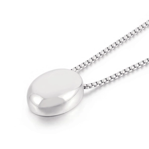 Polished silver oval water drop pendant necklace with stainless steel box chain for men