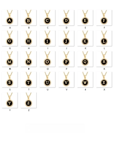 Detailed grid display of 26 gold stainless steel initial necklaces with black round pendants