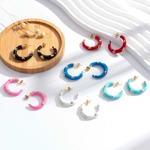 Bohemian Stainless Steel 3D Heart C-Shaped Hoop Earrings Colorful Enamel Drip Oil Studs For Women High-End Fashion Jewelry