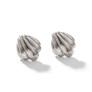 Macro detail of silver scallop shell earrings in stainless steel with radial textures