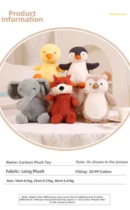 Detailed view of soft plush animal dolls collection with sizing and material specs