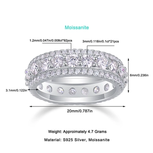 Detailed dimensions of S925 silver moissanite ring showing inner 20mm diameter and weights