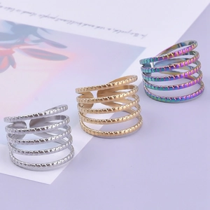 Three-color multi-layer spiral stainless steel rings with dot relief texture in minimalist style