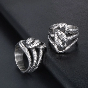 Vintage punk wrap-around snake rings in silver stainless steel showing dual perspectives
