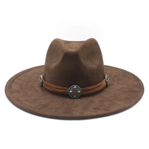 Deep brown wide-brim faux suede western fedora hat with turquoise-studded leather band