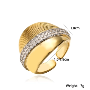 18K gold plated wide geometric ring with zircon stones on white background with size guide