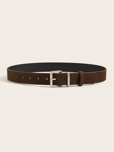Detail shot of vintage dark brown suede wide belt with silver matte metal buckle