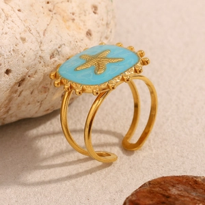 Retro 18K gold plated stainless steel double layer open ring with starfish enamel detail