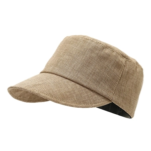 Breathable khaki cotton linen equestrian cap with vintage military flat top design