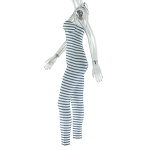 Detail of blue and white horizontal striped jumpsuit with slim fit and halter neck design