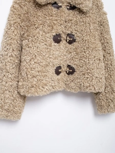 Women's warm fleece jacket in khaki with plush texture and metal buckle closures
