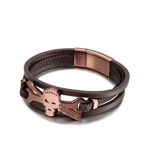 Men's punk leather bracelet with skull wrench charm and rose gold magnetic clasp