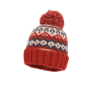 Winter Fair Isle knit beanie with red pompom and geometric patterns for women