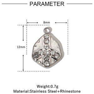 Polished stainless steel peace sign pendant with crystal inlay and technical dimensions