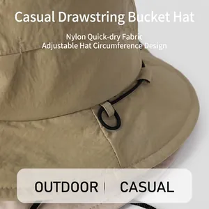 Quick-dry nylon hiking bucket hat in khaki with adjustable drawstring for outdoor camping