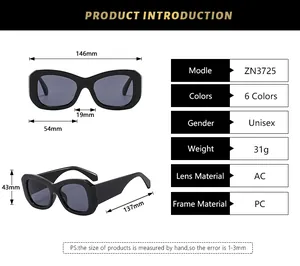 Detailed size chart for Y2K oversized square sunglasses including frame dimensions and specs