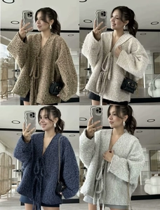 Detailed collage of plush tie-front knit cardigans in coffee, cream, navy, and grey tones