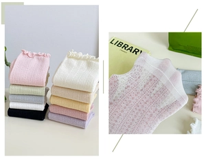Detailed macro view of breathable mesh knit fabric and wavy ruffle lace on colorful socks