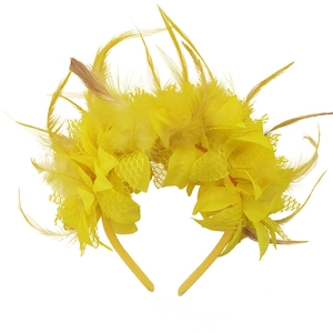 Yellow feather headband with mesh flower for carnival party and bridal retro headwear
