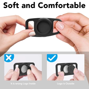 Elastic silicone protective case for Airtag showing stretch flexibility and installation guide