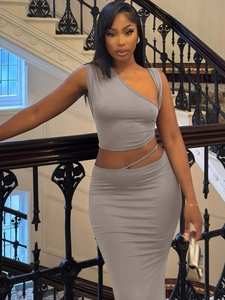 Women Sexy One Shoulder Crop Top And Cut Out High Waist Maxi Skirt Slim Fit Bodycon Streetwear Style