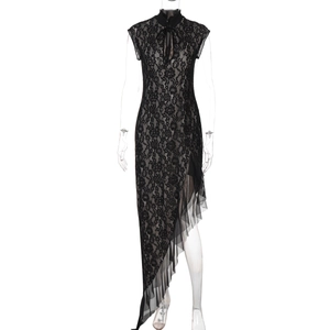 Close-up of black lace dress showing mandarin collar, knotted button, and mesh texture