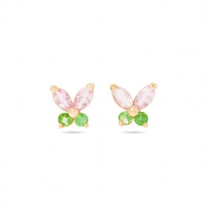 Exquisite butterfly stud earrings with pink and green stones on a gold base