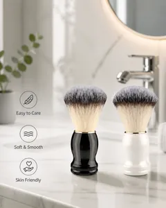 Macro detail of soft fiber bristles and ergonomic handle on a men's beard foam brush