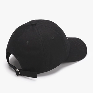 Black cotton baseball cap with adjustable strap and silver metal buckle, rear side view