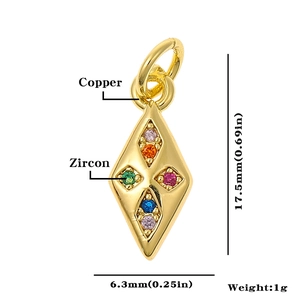 Detailed size chart of gold diamond-shaped copper pendant with zircon inlay