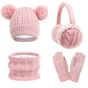 Pink 4-piece winter set with pom-pom beanie, earmuffs, scarf, and gloves in cable knit