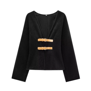 Women black V-neck fuzzy jacket with brown faux leather strap buckles on white background