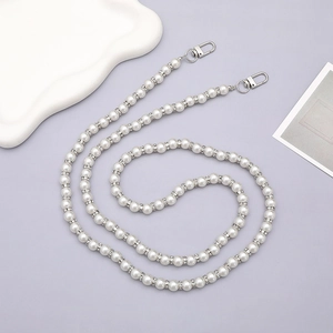Crossbody pearl phone chain with sparkling rhinestone rings and silver lobster clasps