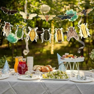 Garden party banner with colorful insect illustrations for outdoor birthday decorations