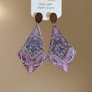 Bohemian Ethnic Pattern Double Diamond Wooden Drop Earrings With 925 Sterling Silver Earring Post Vintage For Women