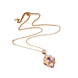 Vintage 14k gold plated rhombic necklace with purple gemstone and crystals