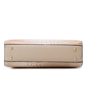 Beige crocodile embossed handbag set with gold protective metal feet and smooth bottom base