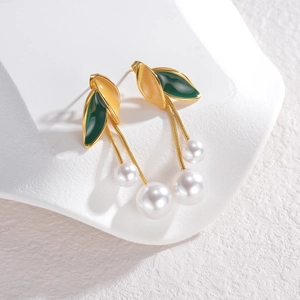 Gold leaf earrings with green and yellow enamel and white pearl tassel drops