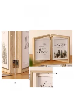 Detail of 360-degree rotating wood photo frame with durable metal hinges and folding design