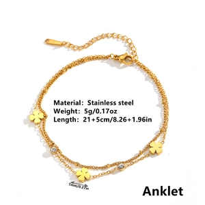 Double-layered stainless steel gold clover anklet with floral charms and crystals