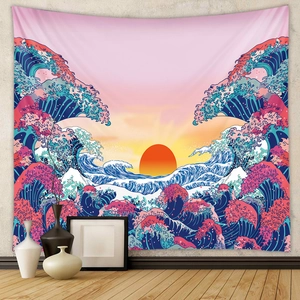 Arazzo giapponese Ukiyo-e con onda e tramonto per decorazione murale e sfondo della stanza