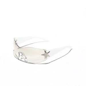 Y2K rimless wrap-around sunglasses with silver star detail and transparent frame