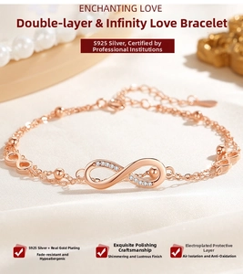 Close-up of S925 sterling silver infinity symbol bracelet with rose gold plating and zircon