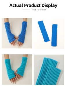 Detailed view of ribbed knit fingerless gloves in bright blue and cyan textures