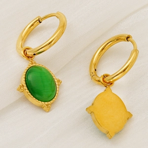 18K gold stainless steel hoop earrings with elegant green cat eye stone pendants