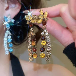 Elegant French floral pendant long tassel earrings with multicolored rhinestones set