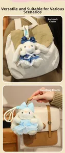 Cute plush bunny pendant showing versatile styling on backpack and handbag handles