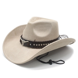 Western Cowboy Hat Suede Felt Wide Brim Rivet Belt Bull Head Buckle Vintage Outdoor Sun Shade Adjustable Unisex