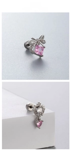 Detail of pink zircon bow earrings with silver screw-back studs and heart gemstone charms